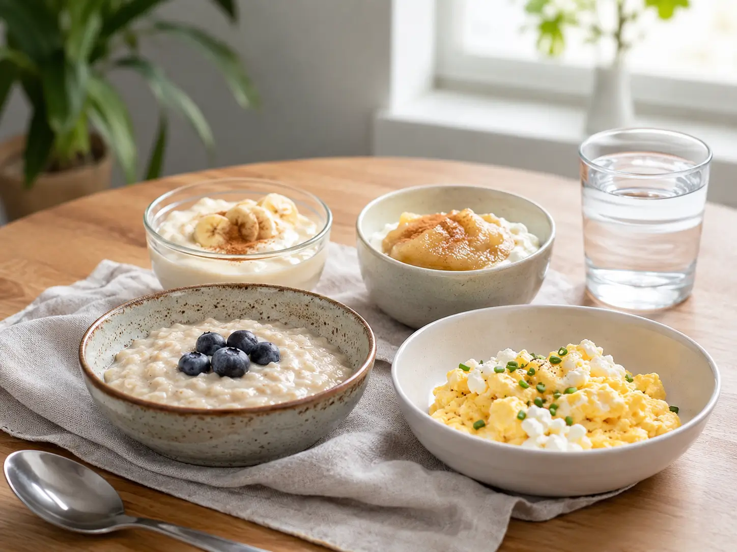 Weiche Frühstücksrezepte bariatrisch mit kleinen Portionen Porridge, Skyr-Creme und Rührei