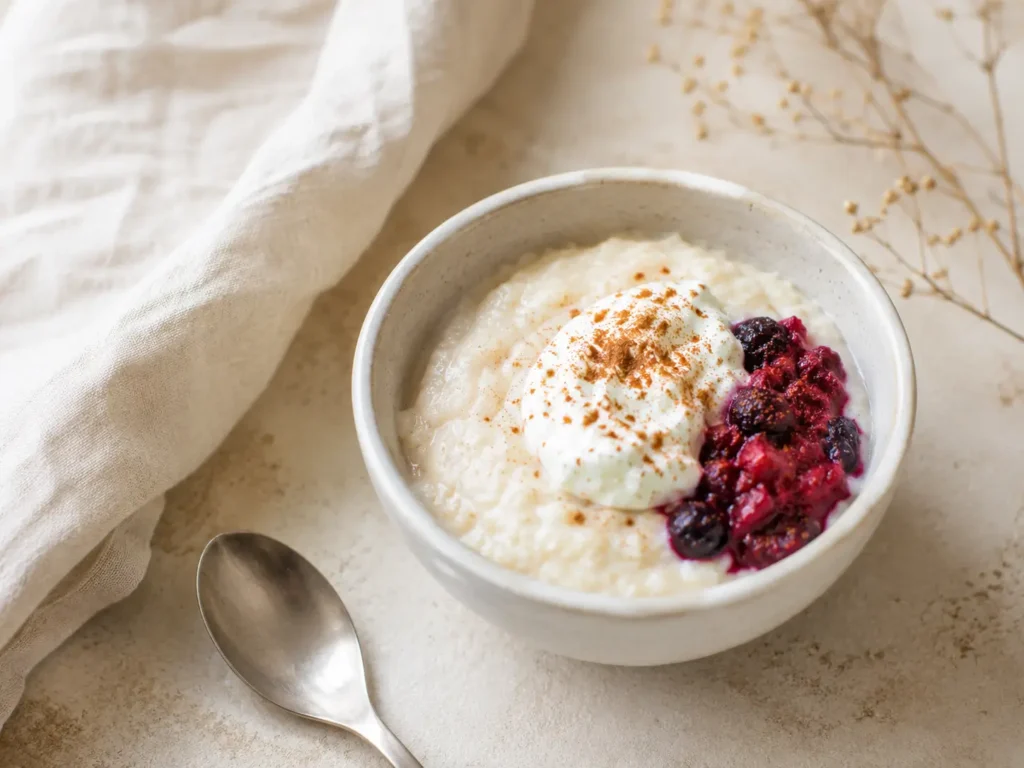 Weiches Protein Porridge als bariatrische Frühstücksidee mit kleiner Portion und Skyr