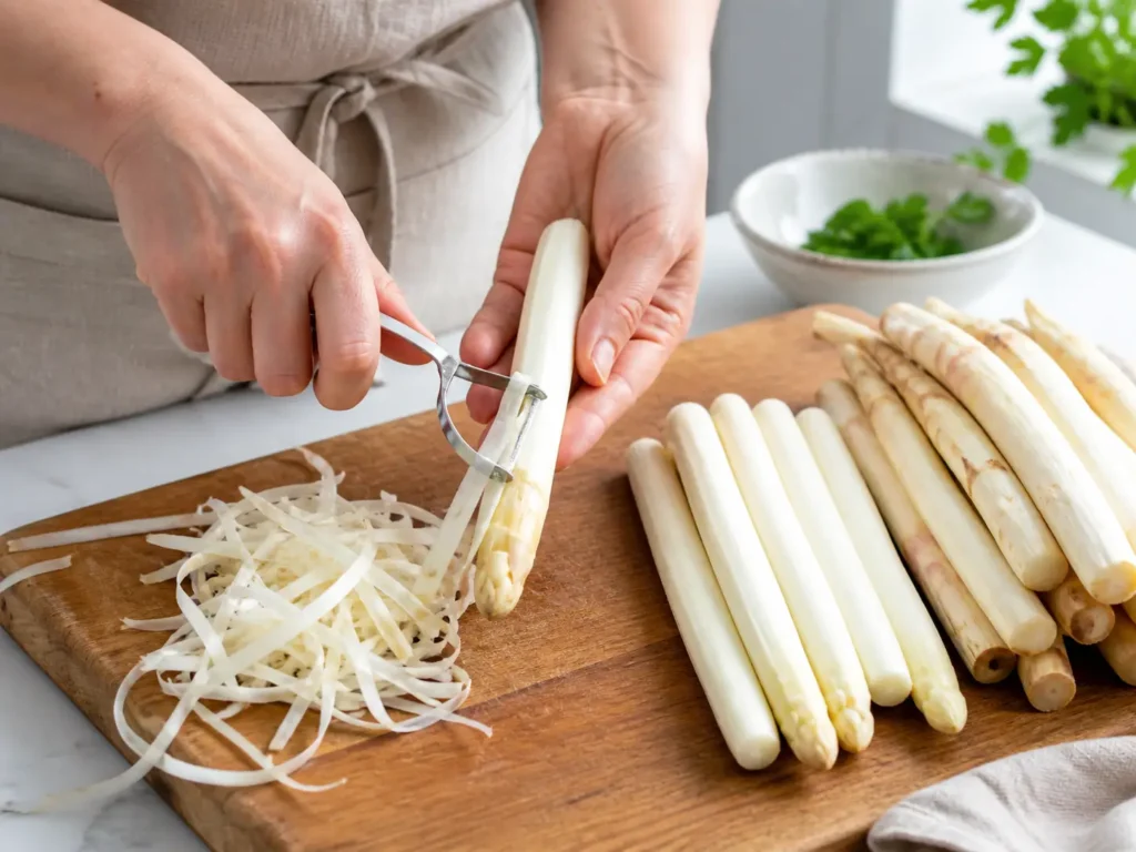 Weißen Spargel vor dem Kochen schälen und vorbereiten