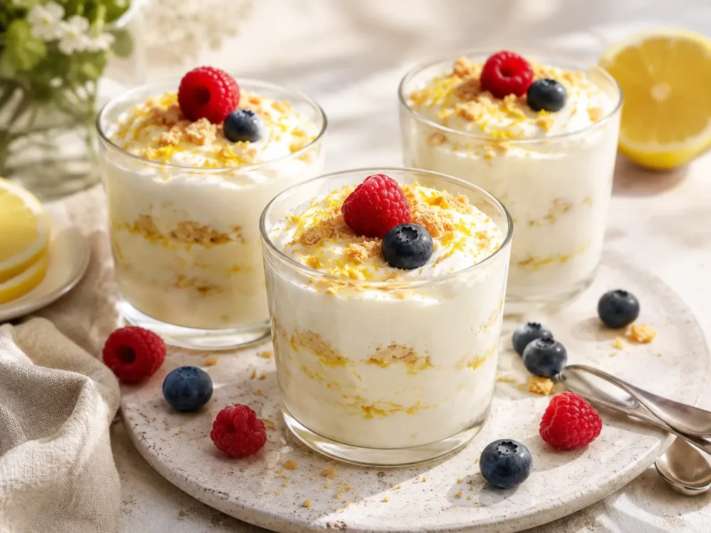 Zitrone Dessert mit Zitronencreme im Glas, Beeren, Zitronenabrieb und kleinen Löffeln