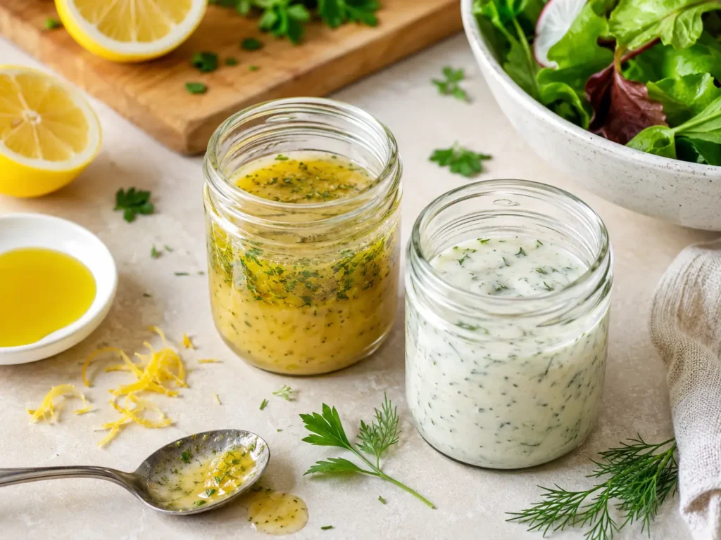 Zitrone Dressing mit Zitronen-Vinaigrette, Joghurt-Dressing, Kräutern und grünem Salat