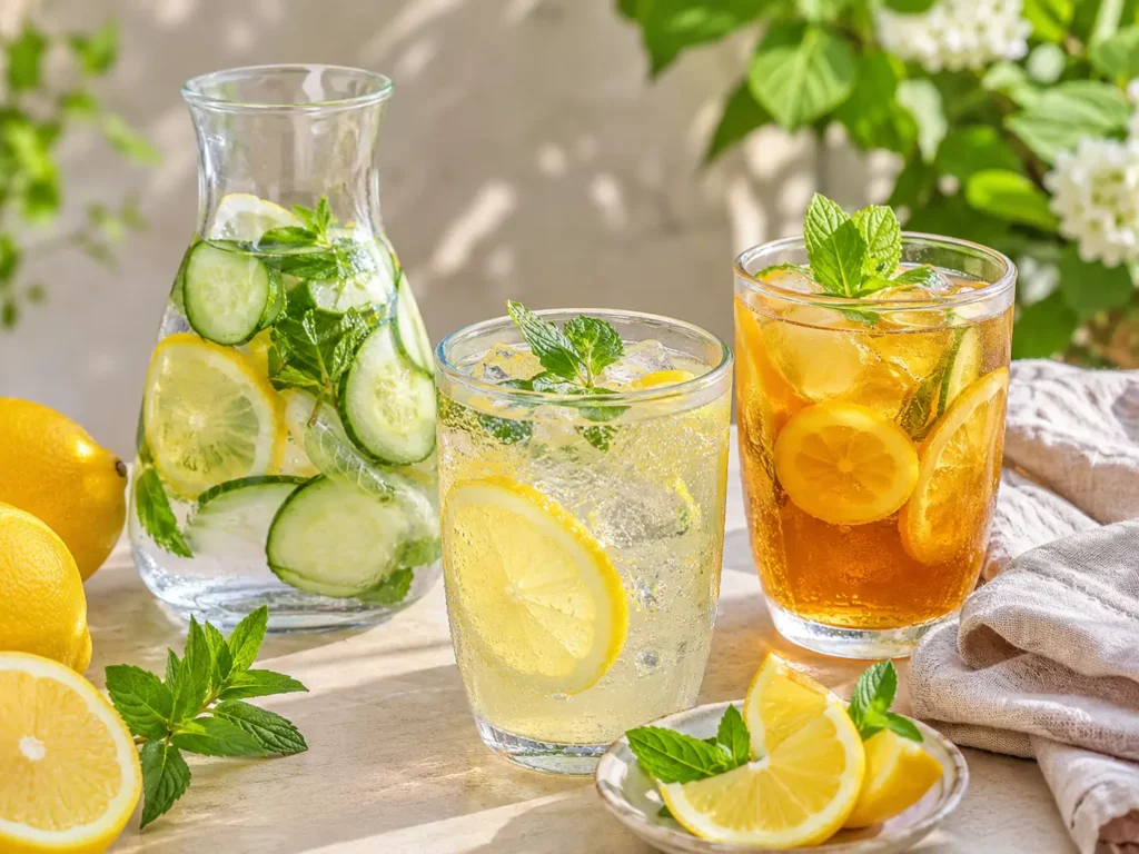Zitrone Getränke mit Zitronenwasser, Limonade, Eistee, Minze und Eiswürfeln