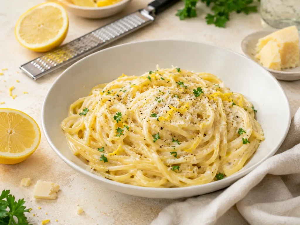 Zitrone Pasta mit Parmesan, Zitronenabrieb, Petersilie und schwarzem Pfeffer