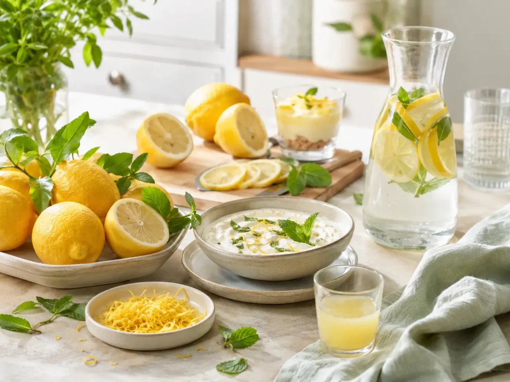 Zitrone Rezeptideen mit Zitronen, Zitronenwasser, Dip und Dessert auf hellem Küchentisch