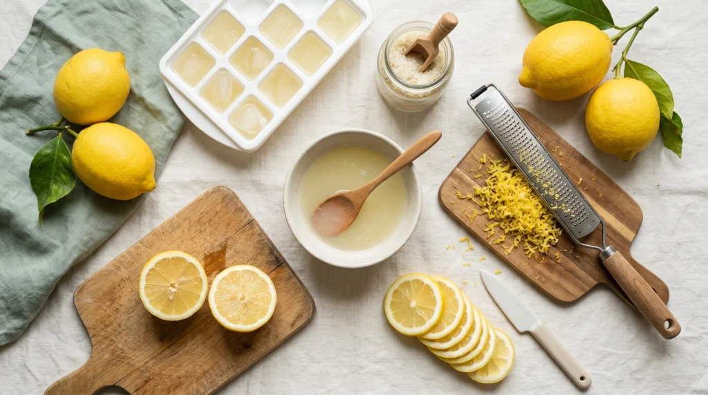Zitrone vorbereiten mit Zitronensaft, Zitronenschale, Zitronenscheiben und gefrorenen Zitronenwürfeln
