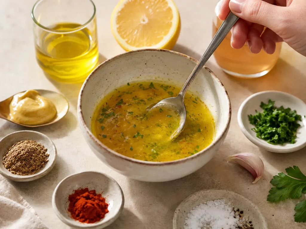 zitronen dressing fuer rote linsen salat mit senf olivenoel und gewuerzen