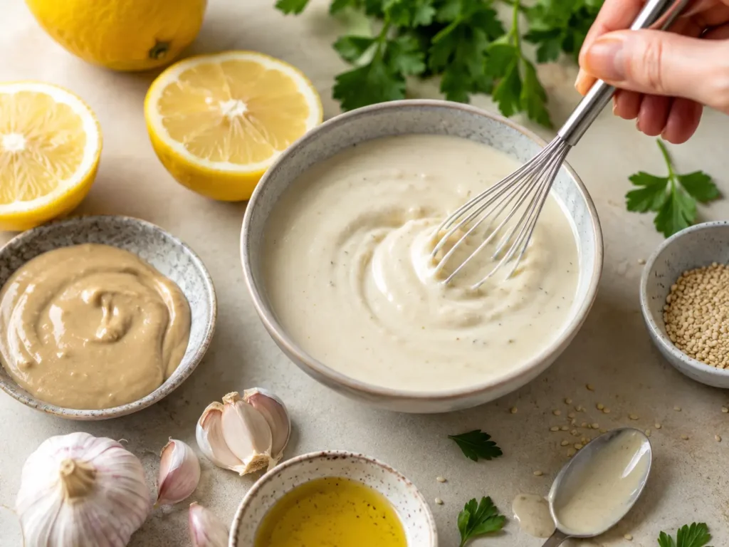 Cremiges Zitronen-Tahini-Dressing für veganer Salat