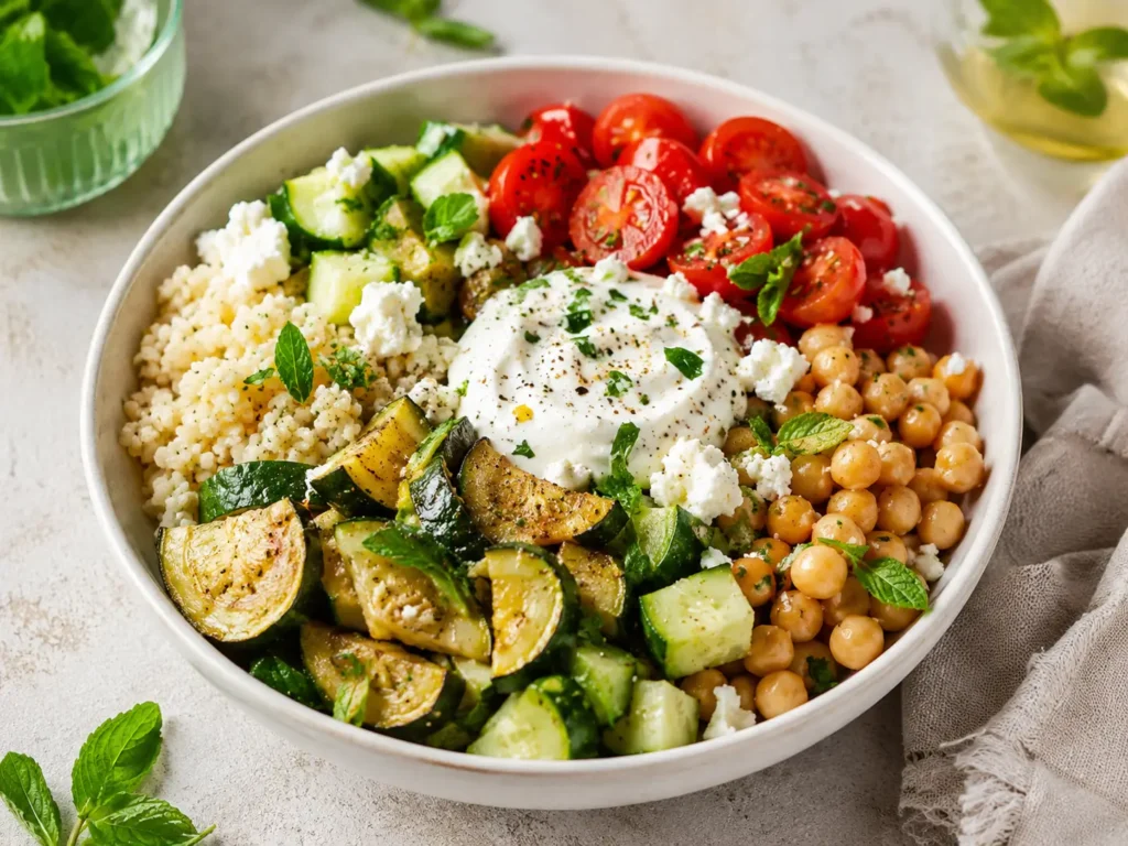 Schnelle Zucchini Bowl mit Couscous, Kichererbsen und Joghurt-Dressing