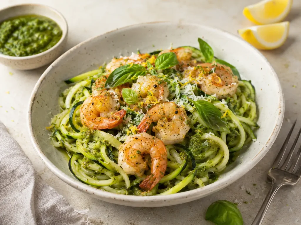 Zucchini-Nudeln als Rezept ohne Kohlenhydrate mit Pesto und Garnelen