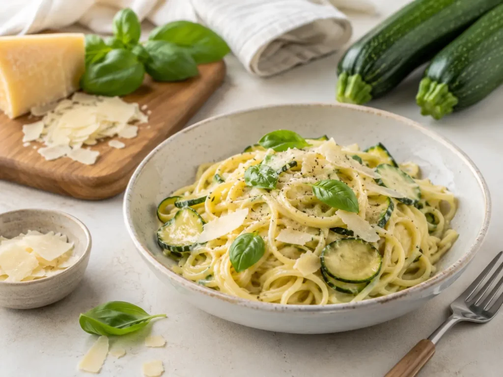 Schnelle cremige Zucchini Pasta mit Parmesan und Basilikum