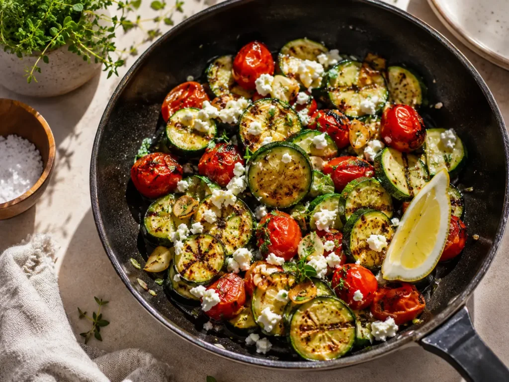 Schnelle Zucchini Pfanne mit Tomaten, Knoblauch und Feta