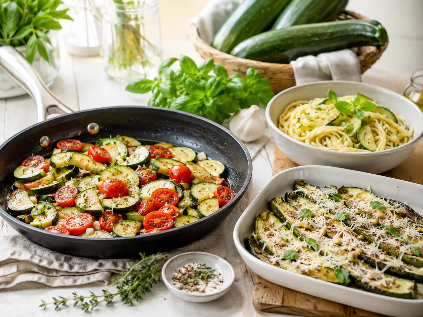 Zucchini Rezepte schnell mit gebratener Zucchini, Pasta und Ofen-Zucchini