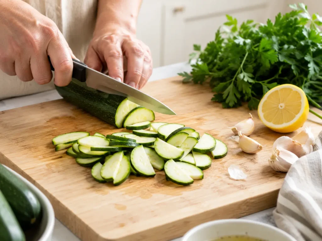 Zucchini schneiden für schnelle Zucchini Rezepte aus der Pfanne