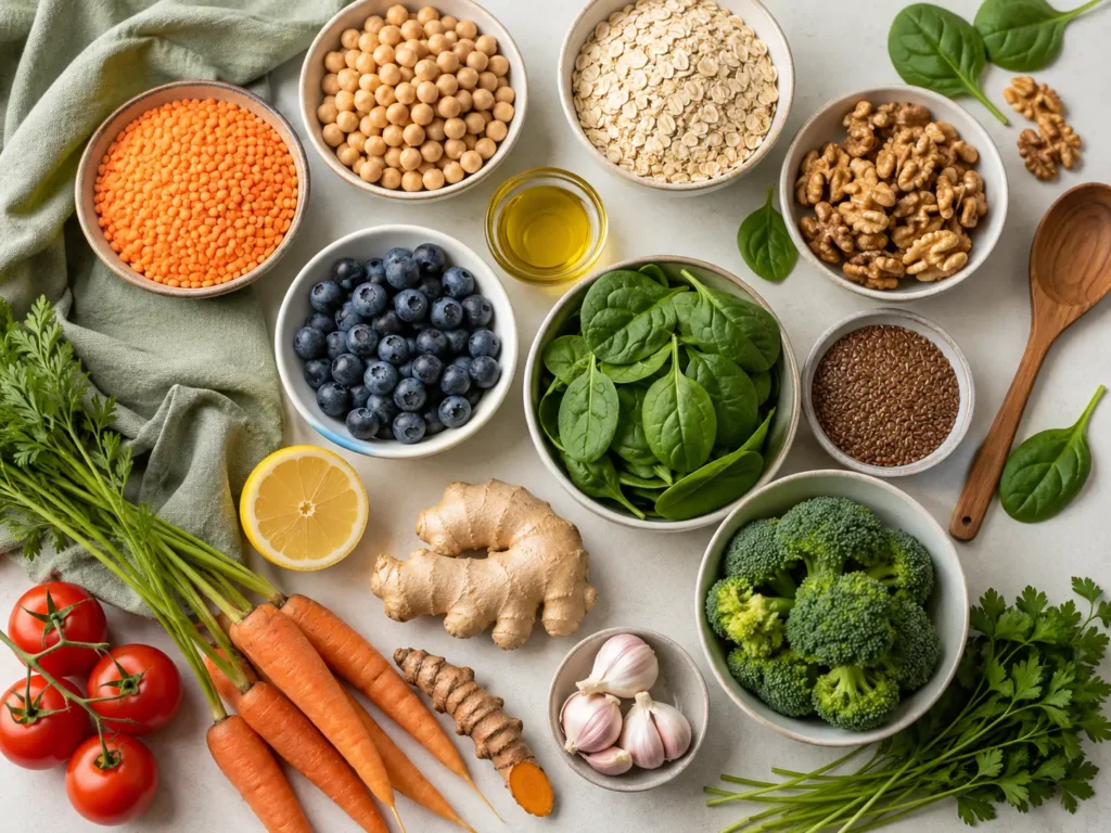 Zutaten für antientzündliche Ernährung Rezepte mit Linsen, Gemüse, Kräutern, Nüssen und Beeren