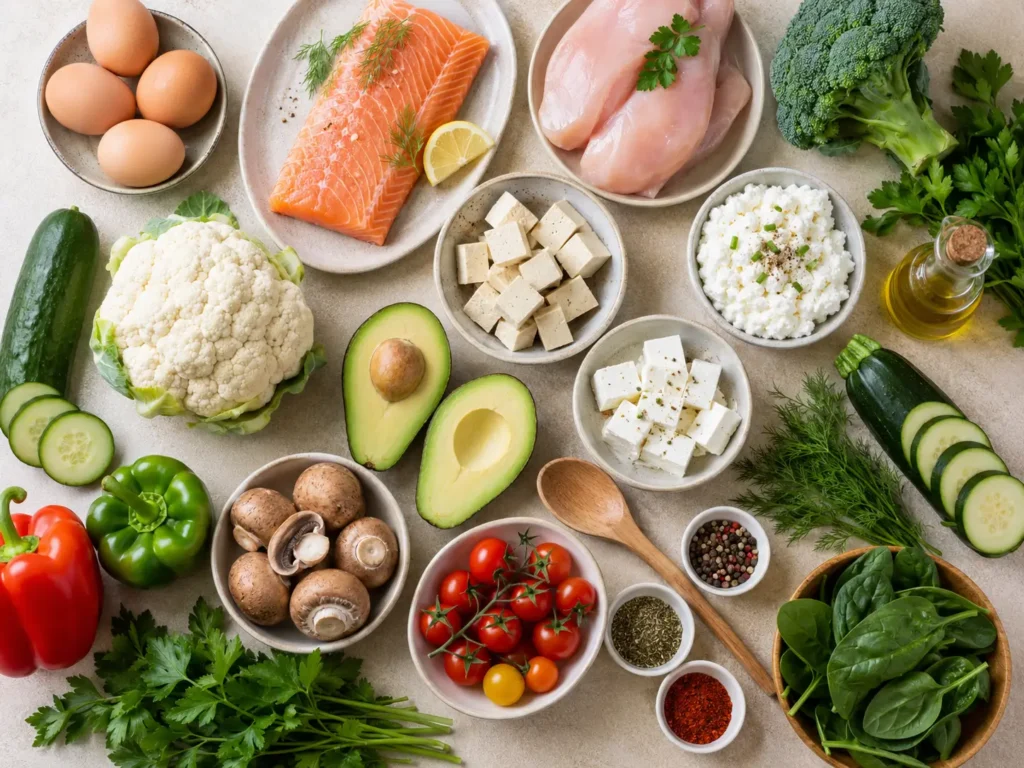 Zutaten für Rezepte ohne Kohlenhydrate mit Gemüse, Eiern, Fisch, Tofu und Feta