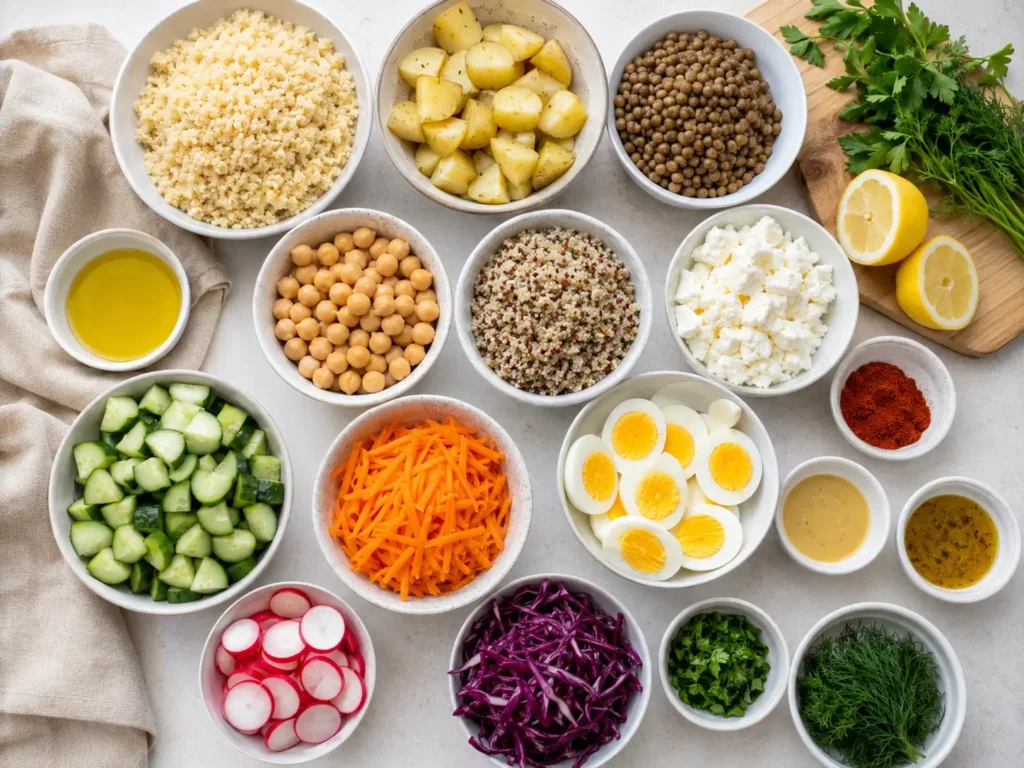 Zutaten für Über Nacht Salat mit Couscous, Linsen, Kartoffeln, Kichererbsen und Gemüse