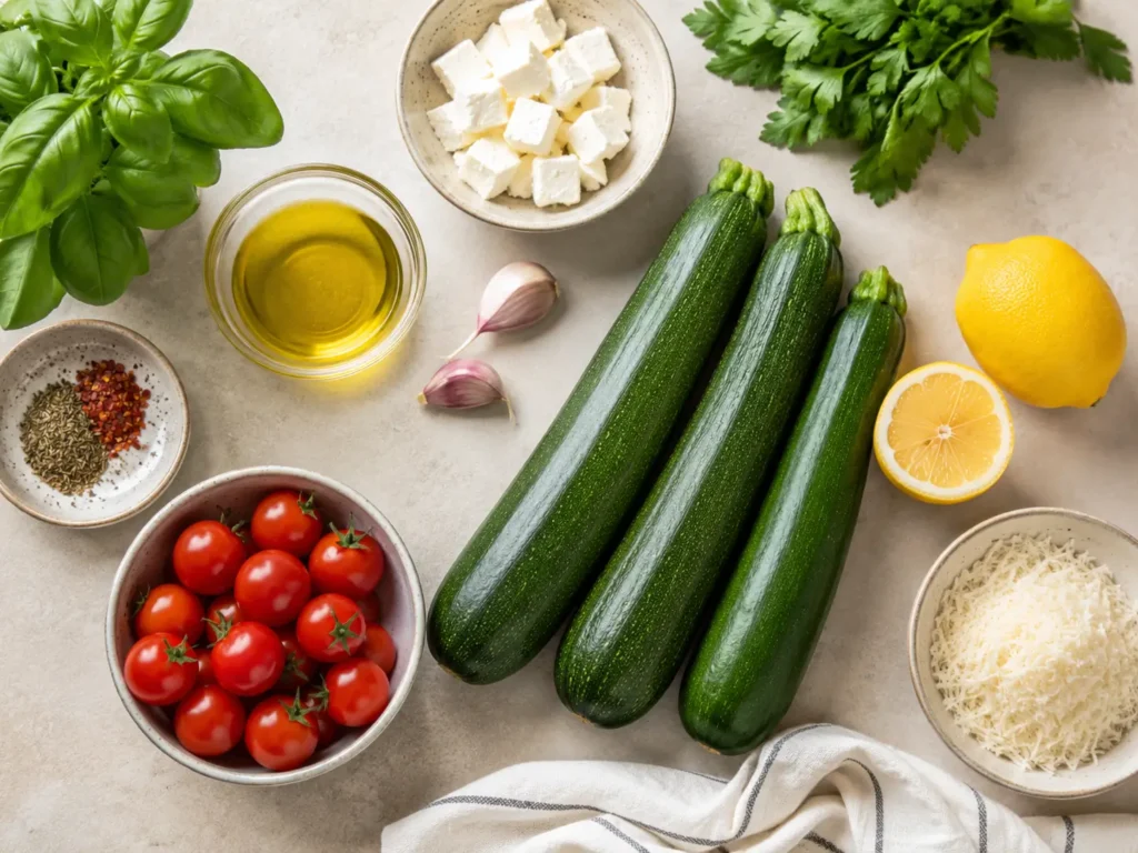 Zutaten für schnelle Zucchini Rezepte mit Tomaten, Knoblauch und Kräutern