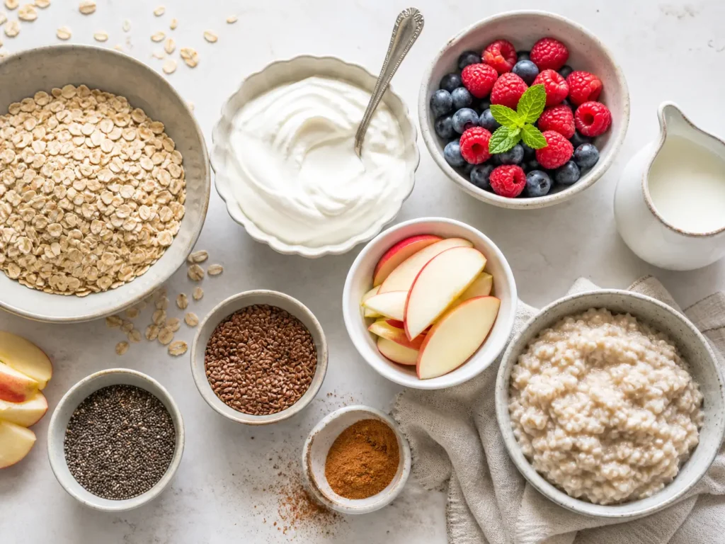 Zutaten für den Haferflocken Trick zum Abnehmen mit Haferflocken Beeren Apfel Skyr und Samen