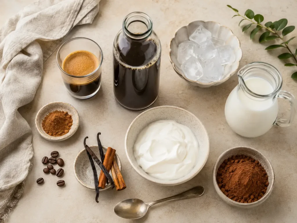 Zutaten für eine leichte more iced coffee Alternative mit Kaffee, Milch, Skyr und Eiswürfeln