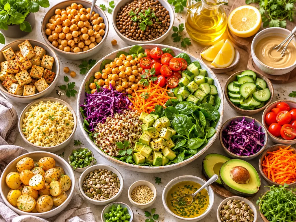 Warmer veganer Salat zum Abendessen mit Blumenkohl, Kichererbsen und Tahini