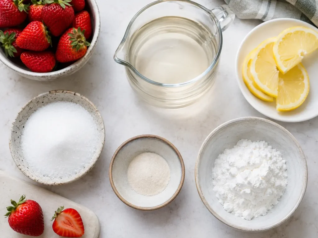 Zutaten für Tortenguss ohne Gelatine mit Agar-Agar Stärke Zucker und Wasser