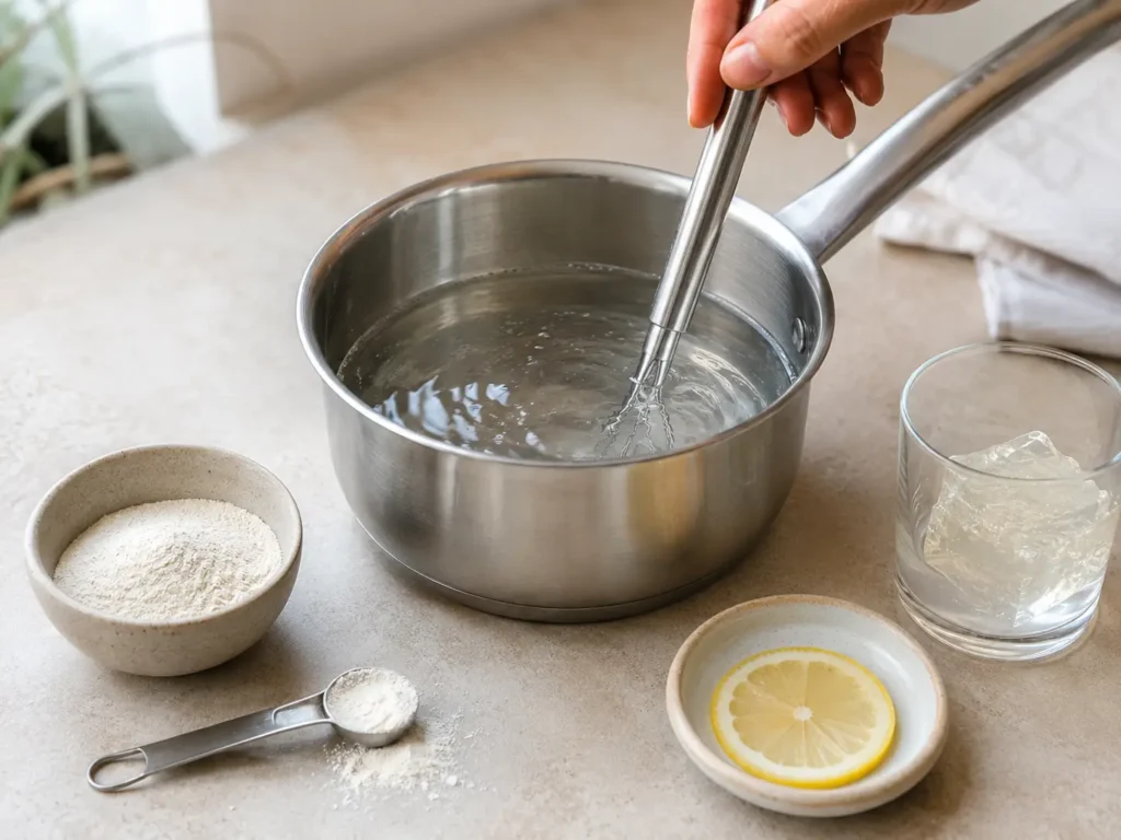 Agar-Agar als veganer Gelatine Ersatz wird in einem kleinen Topf aufgekocht