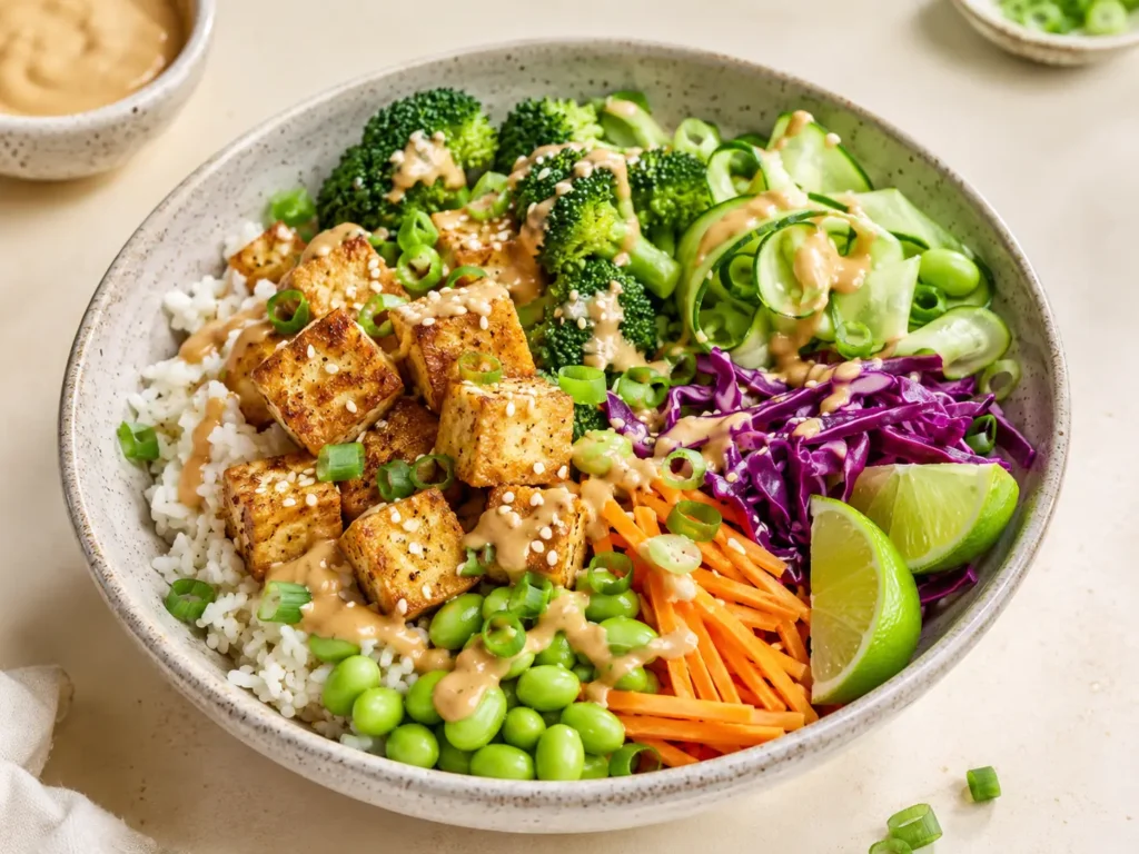 Vegetarische Asia Tofu Bowl mit Reis, Brokkoli, Rotkohl, Edamame und Erdnuss-Limetten-Sauce