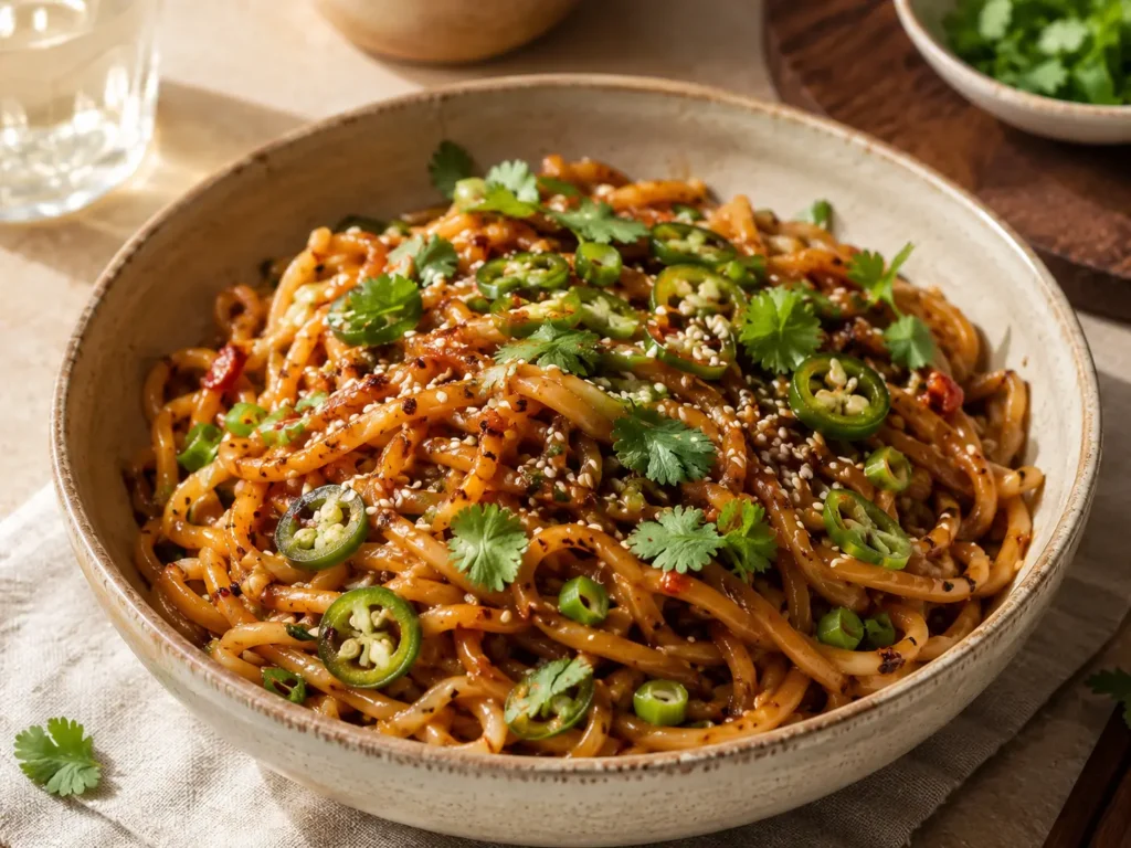 Asiatische Chilli Knoblauch Nudeln mit Sesam, Frühlingszwiebeln, Chili und glänzender Sojasauce in einer Schale