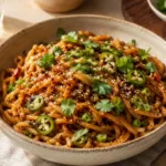 Asiatische Chilli Knoblauch Nudeln mit Sesam, Frühlingszwiebeln, Chili und glänzender Sojasauce in einer Schale
