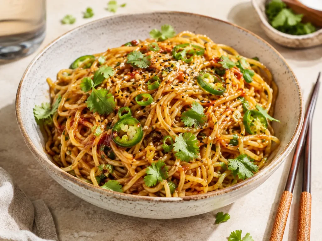 Asiatische Knoblauch Nudeln mit Frühlingszwiebeln, Sesam, Koriander, Jalapeño und Chiliöl als Topping