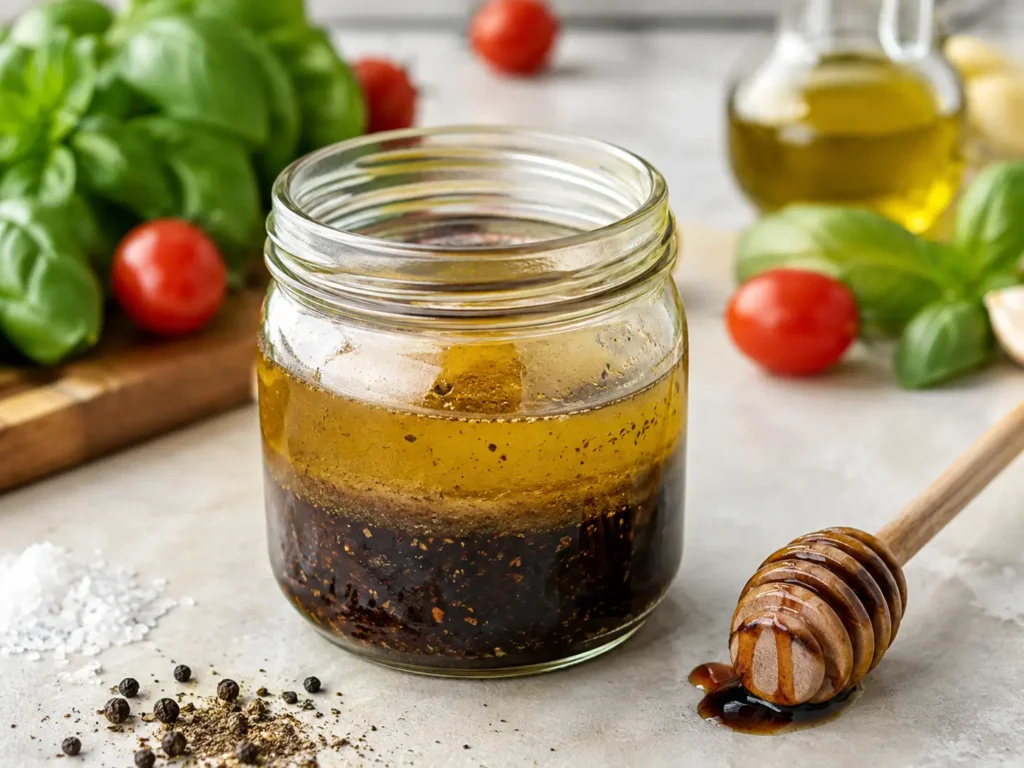 Balsamico Dressing für Tomatensalat im Schraubglas mit Olivenöl und Honig