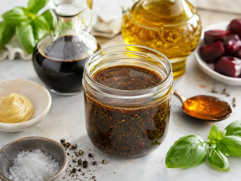 Balsamico-Dressing mit Senf, Öl und Honig für Rote-Bete-Salat