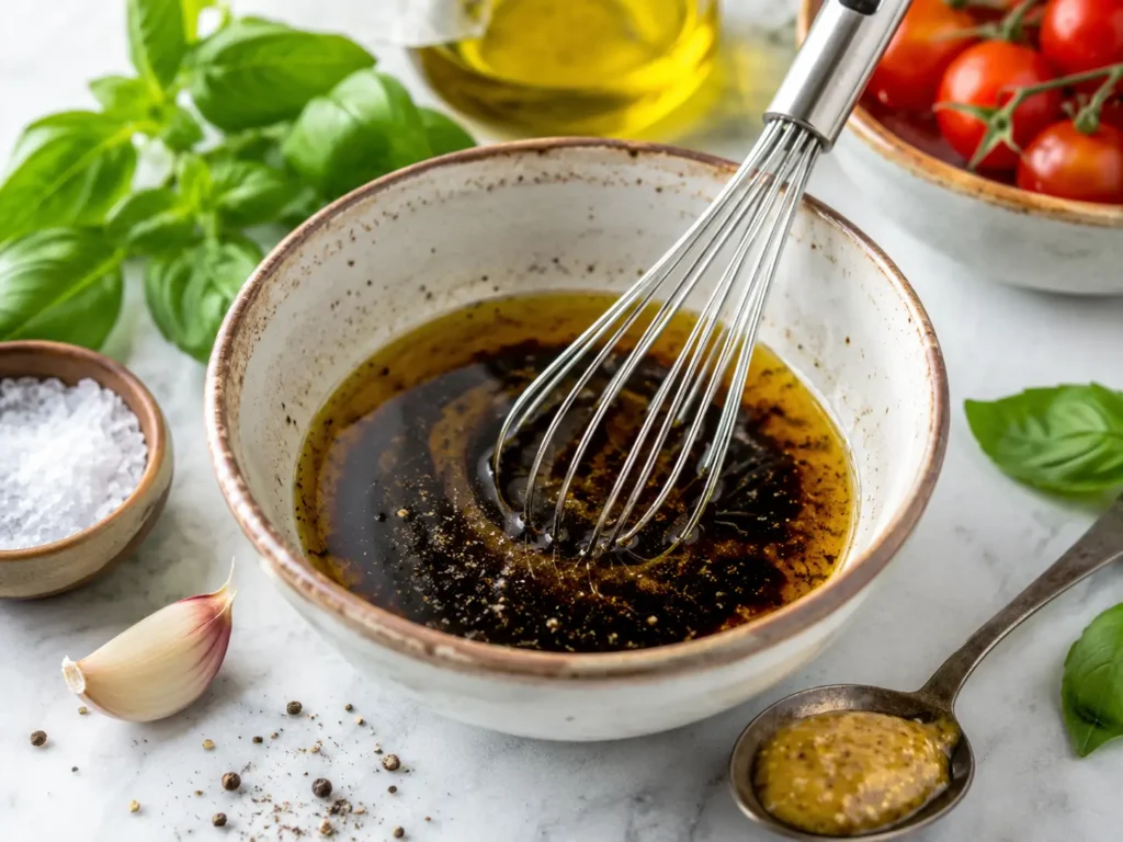Balsamico Dressing mit Olivenöl, Knoblauch und Senf für Tomaten Mozzarella Salat