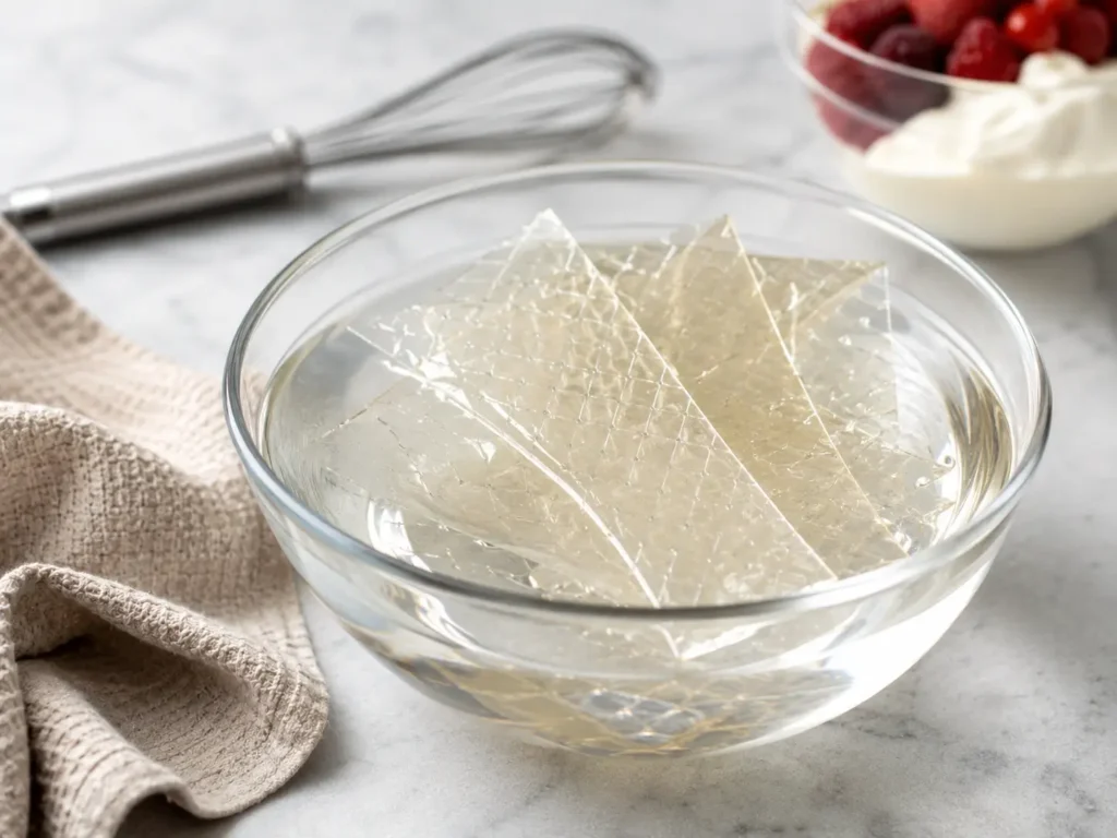 Blattgelatine wird einzeln in kaltem Wasser eingeweicht für eine glatte Gelatine Masse