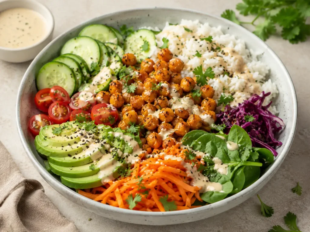 Bowl Rezepte vegetarisch mit buntem Gemüse, Reis, Kichererbsen, Avocado und cremiger Sauce
