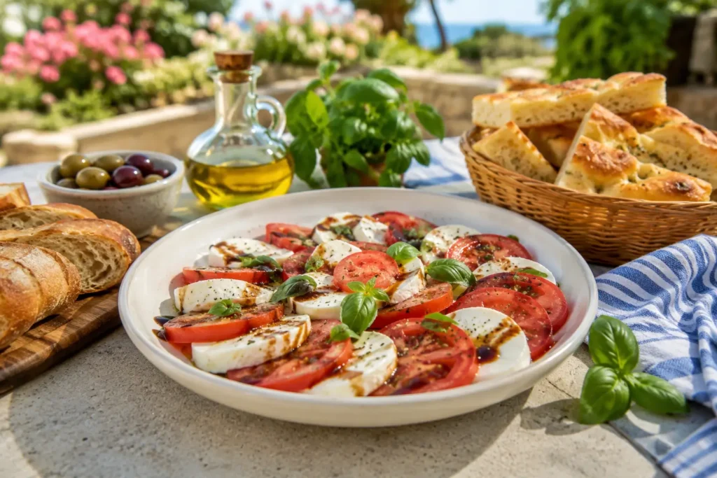 Burrata Tomatensalat mit Rucola, Tomaten, Balsamico und Pinienkernen