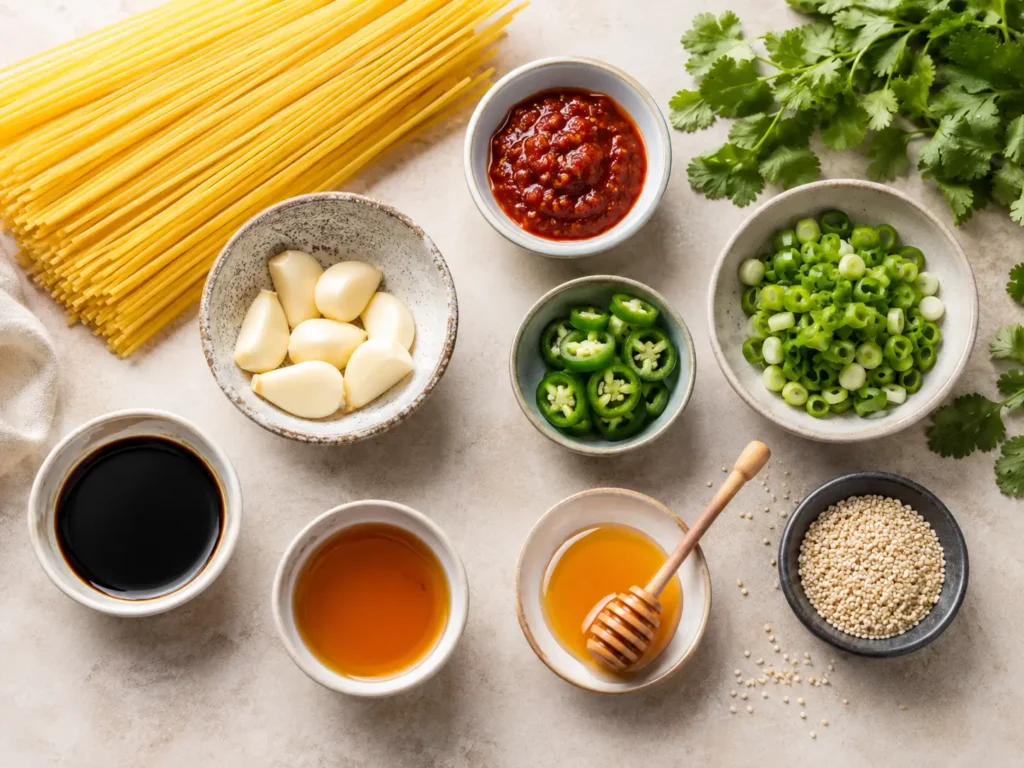 Zutaten für Chili Knoblauch Nudeln mit Spaghetti, Knoblauch, Sojasauce, Sambal Oelek, Sesamöl, Honig und Frühlingszwiebeln