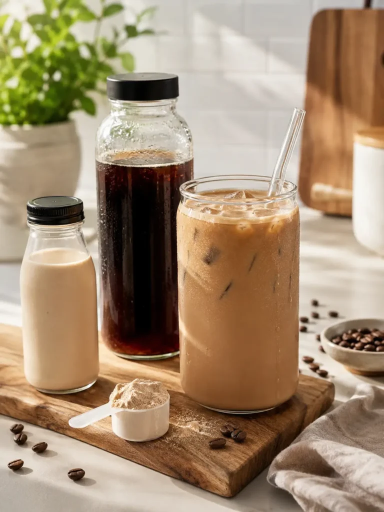 Cold Brew Protein Coffee im Glas mit Eiswürfeln für unterwegs