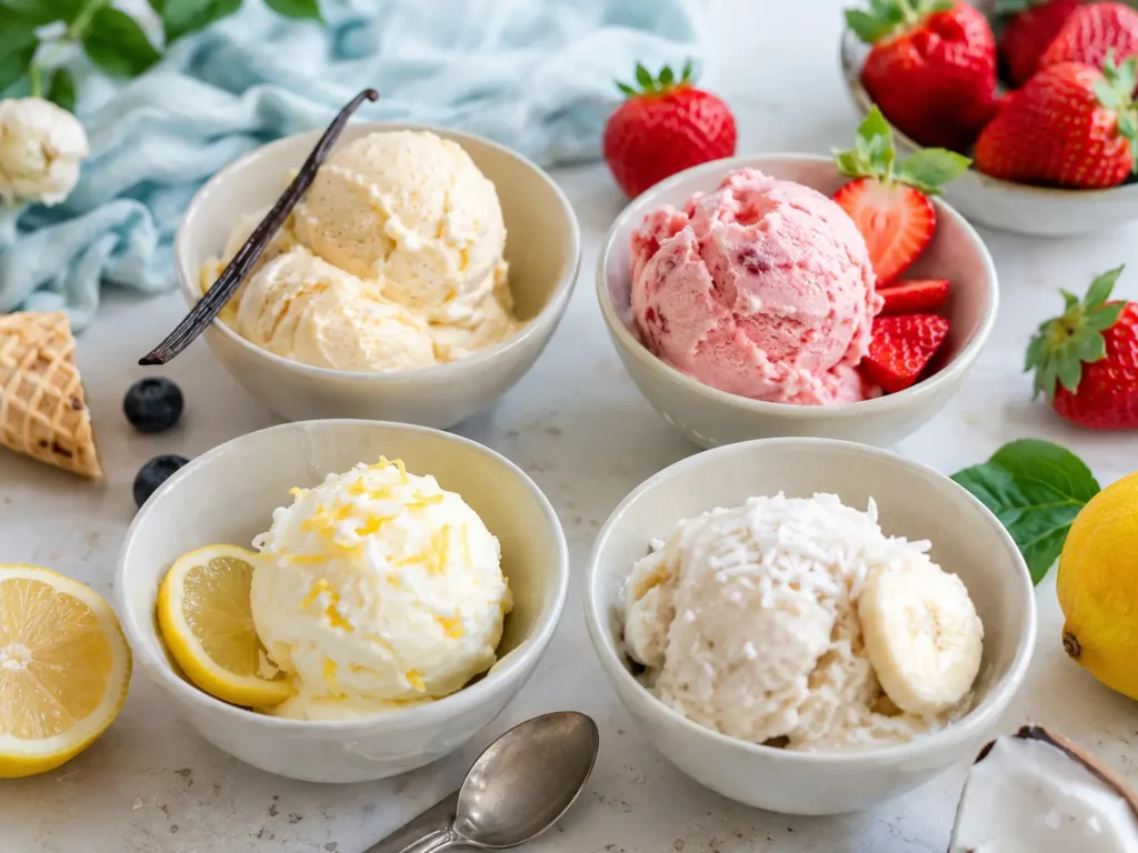 Cremige Eissorten selber machen mit Vanilleeis Erdbeereis Sorbet und veganem Eis