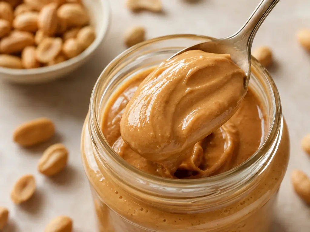 Cremige Erdnussbutter ohne Zucker auf einem Löffel mit Glas und gerösteten Erdnüssen