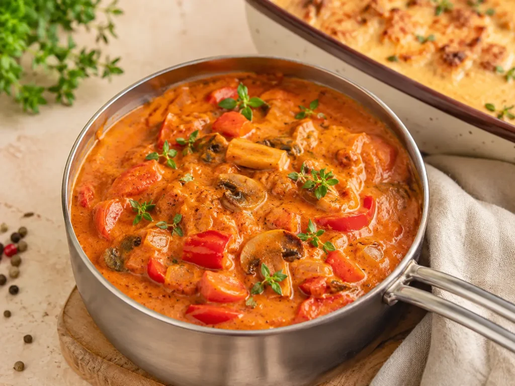 Cremige Paprikasoße mit Schmand, Sahne, Tomatenmark, Paprika und Champignons für Fleisch im Backofen