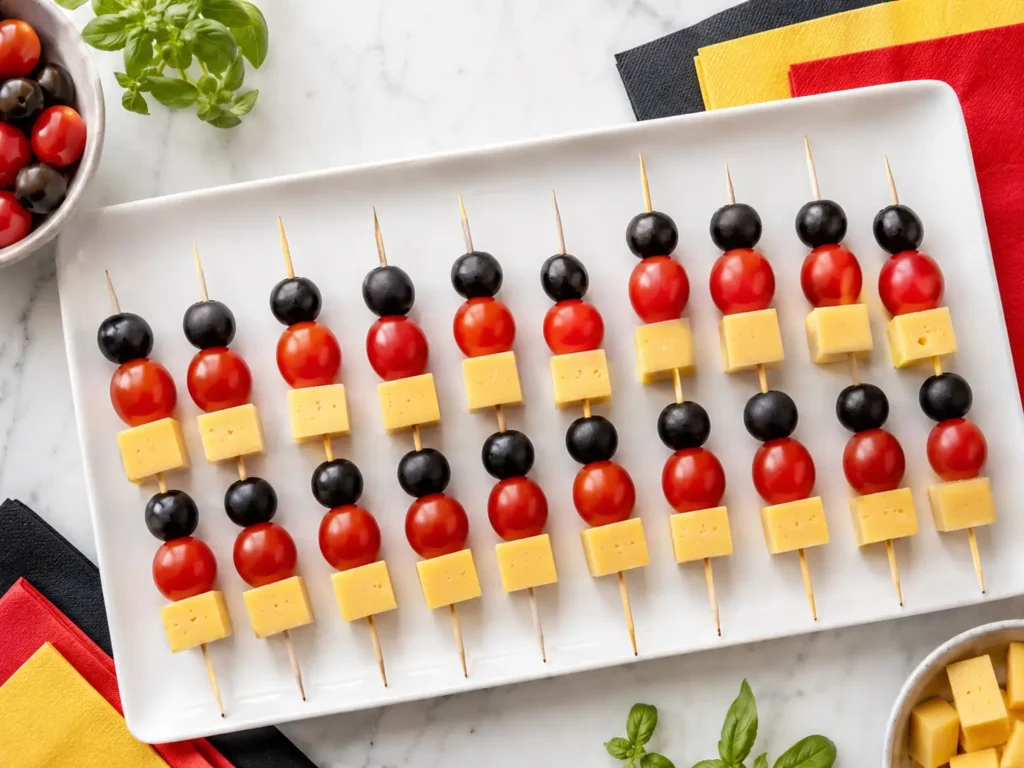 Deutschland Spieße mit Oliven, Tomaten und Käsewürfeln als Fußball Snack