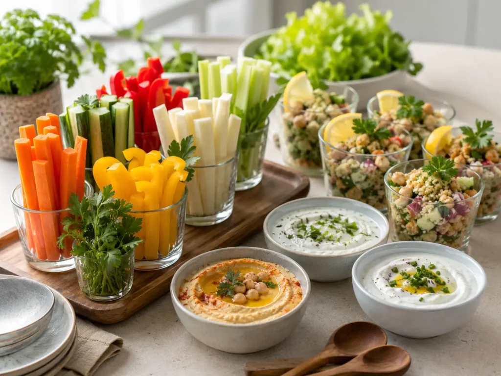 Gemüsesticks mit Dip, Hummus, Kräuterquark und kleine Salat Cups als Fingerfood zum Vorbereiten