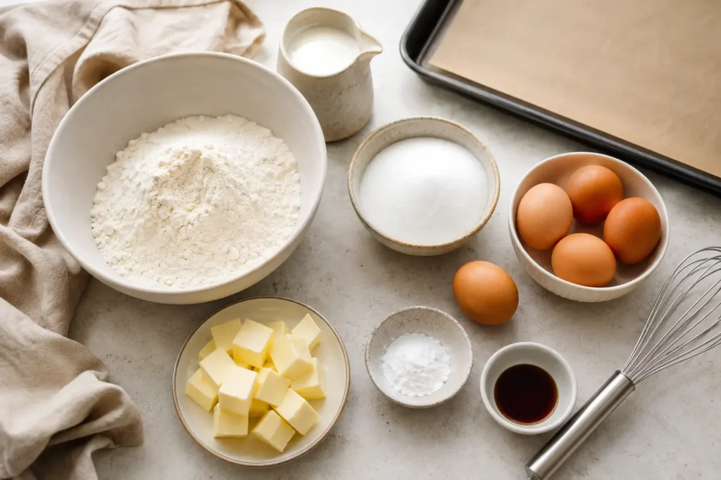 Zutaten für einfachen Rührteig Blechkuchen mit Mehl Eiern Zucker Butter Milch und Backpulver