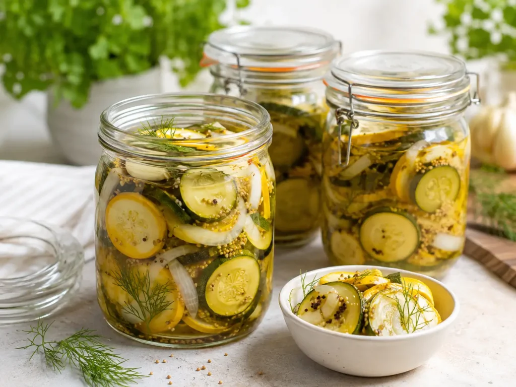 Eingelegte Zucchini im Glas mit süß-saurem Sud, Dill, Senfkörnern, Zwiebeln und Knoblauch