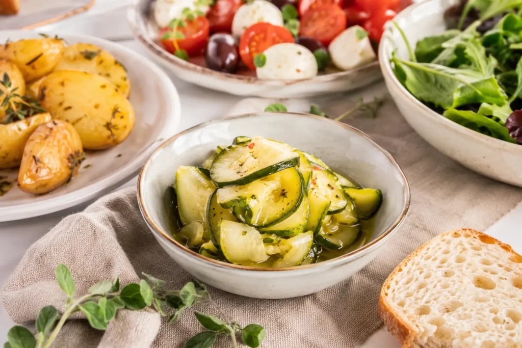 Eingelegte Zucchini servieren als Beilage zu Brot, Kartoffeln, Salat, Antipasti und herzhaftem Snackboard
