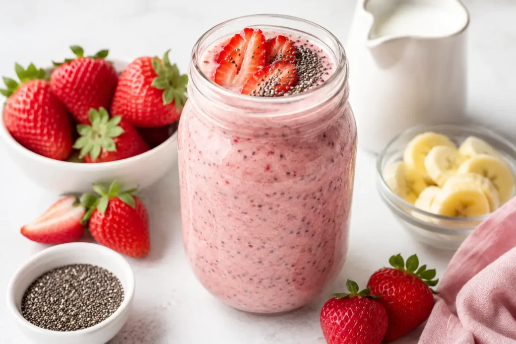 erdbeer chia smoothie mit banane milch und chiasamen