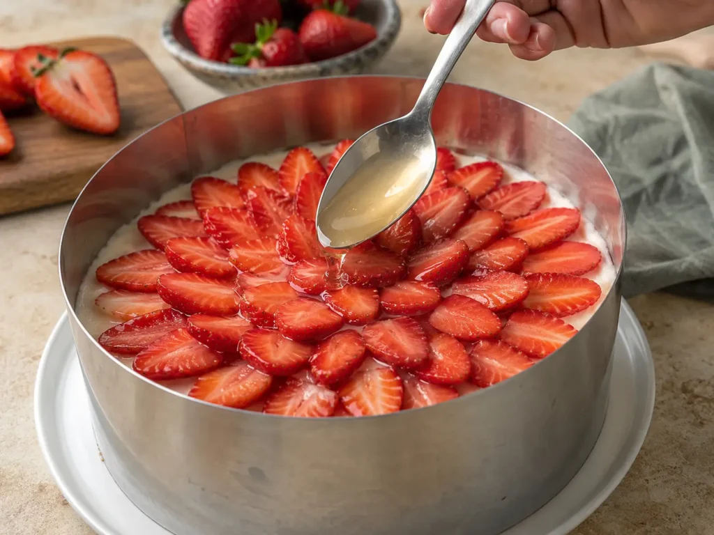 Gelatinefreier Guss wird über Erdbeeren auf einer Erdbeertorte gegeben