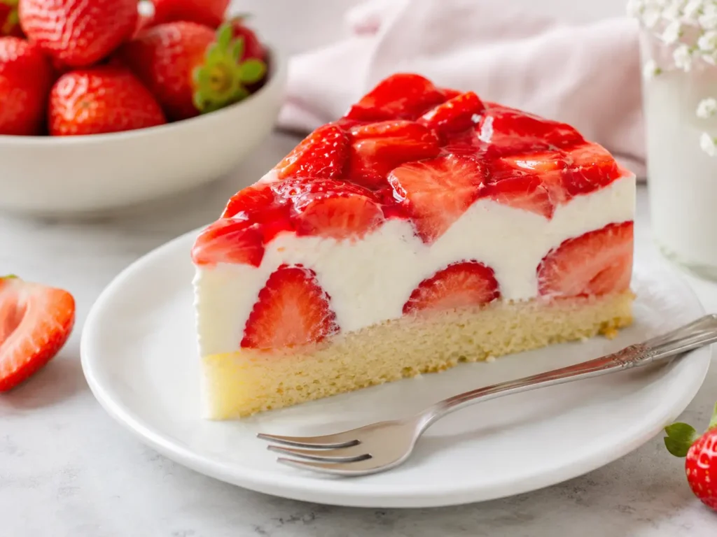 Schnittfestes Stück Erdbeertorte ohne Gelatine mit Creme und Erdbeeren
