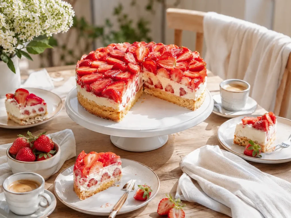 Erdbeertorte ohne Gelatine als sommerliches Dessert serviert